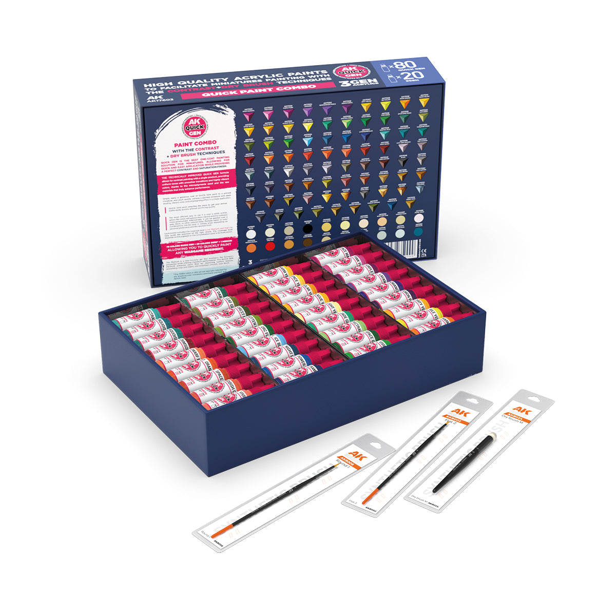 AK - Quick Gen Set - Quick paint combo-100 colors (80 quick gen +20 3gen +3 brushes + medium 18ml)
