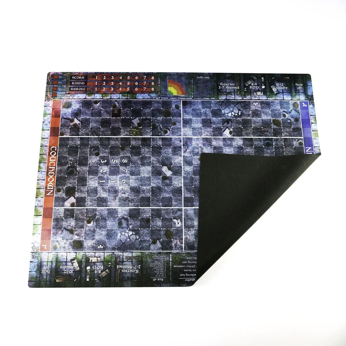 Blood Bowl 7 saison – Graveyard pitch Mat 35.5″ x 27.5″ / 90cm x 70cm – rubber pitch with dugouts and tables compatible